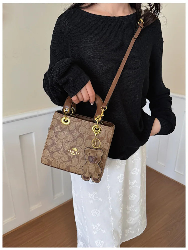 Luxury Women Bag 2026 New Vintage Classic Monogram Handbag Fashion Designer Ladies Tote Crossbody Bag with Bear Charm
