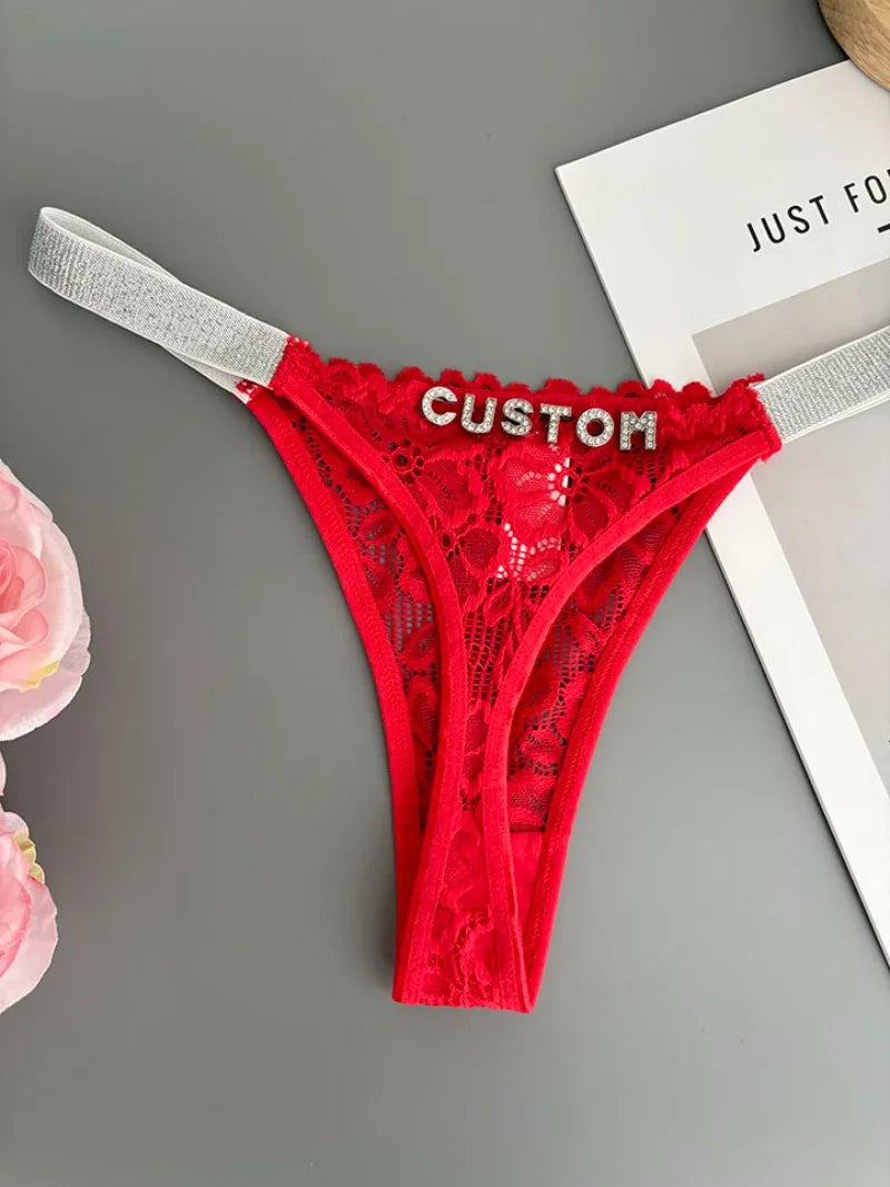 Custom Thong Letter Name G-String Sexy Lace Panties Women Flash Silver Belt Fashion Knickers Girlfriend Hot Wife Holiday Gift