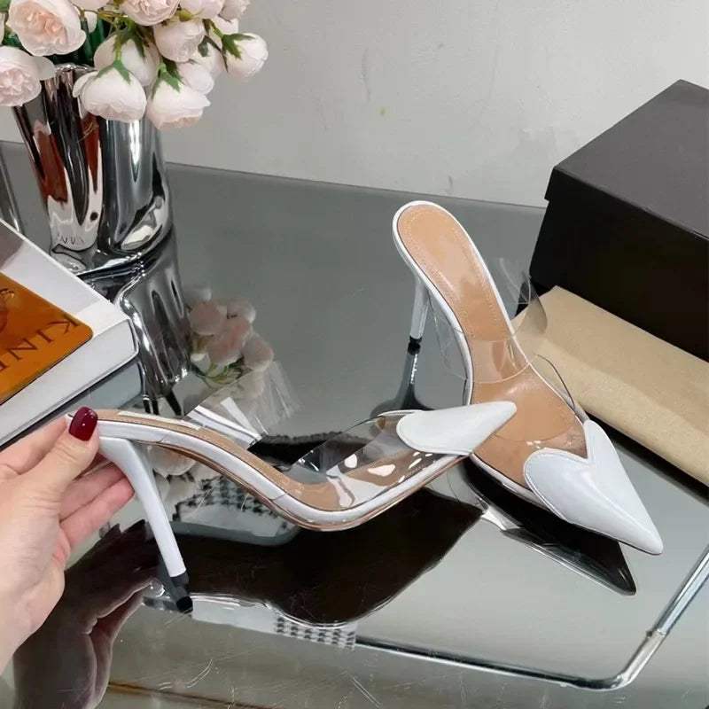 Elegant Pointed Toe Transparent PVC Heart High Heels Mules Slipper Shoes Women 2025 Black White Red Shoes Luxury Designer Pumps