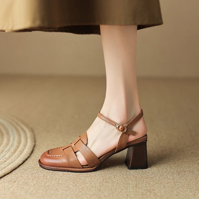 2026 New Size 34-43 Retro Genuine Leather Retro Sandals Woman Top Quality Ladies Buckle Summer Shoes Thick High Heels Sandals