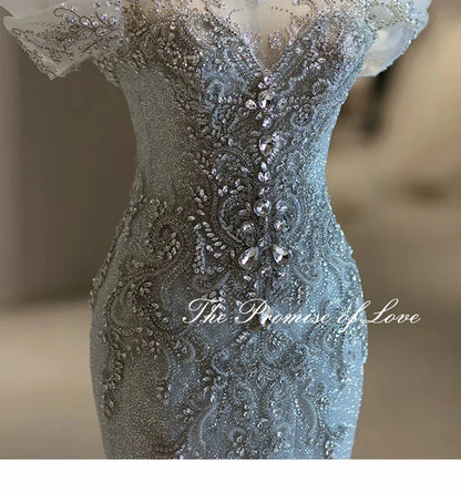 Elegant Fish Tail Wedding Dress Lightweight Tulle One Shoulder Bridal Gown for Small Stature Brides Heavy Embroidery Exit Veil