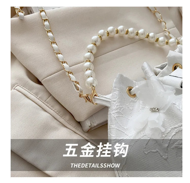Sweet Butterfly Women Drawstring Bucket Shoulder Bags Versatile Ladies Crossbody Bag Clutch Fashion Girls Pearl Chain Handbags