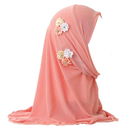 BOHOWAII Kids Girls Muslim Instant Hijab Ready To Wear Islamic Shawls Turban with Flowers Scarfs Jersey Head Wrap (2-7 Y)