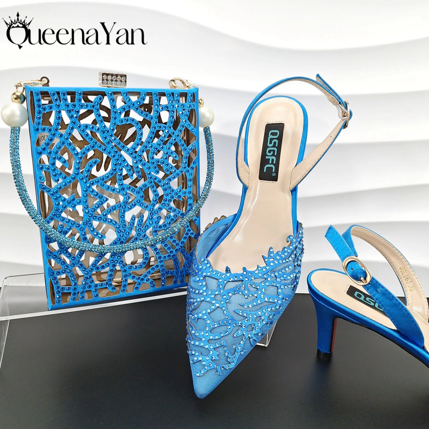 Luxury African Nigerian Bride Party Shoes Sky Blue All Rhinestone Pointed Heels Matching Shoe Bag Set