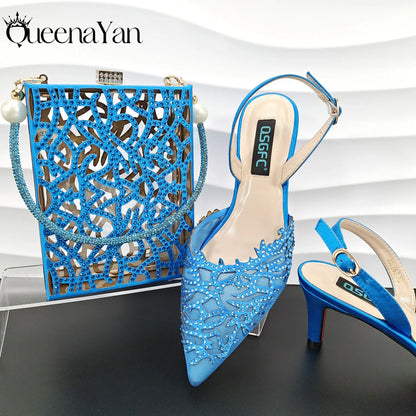 Luxury African Nigerian Bride Party Shoes Sky Blue All Rhinestone Pointed Heels Matching Shoe Bag Set