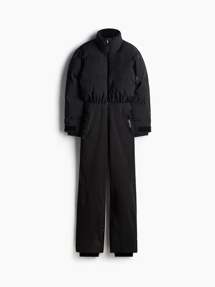 Fashion Hooded One-Piece Ski Jumpsuit Women Stand Collar Zipper High Waist Solid Windproof Outwear 2026 Winter Lady Skiwears New