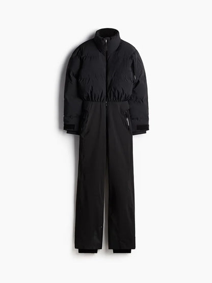 Fashion Hooded One-Piece Ski Jumpsuit Women Stand Collar Zipper High Waist Solid Windproof Outwear 2026 Winter Lady Skiwears New