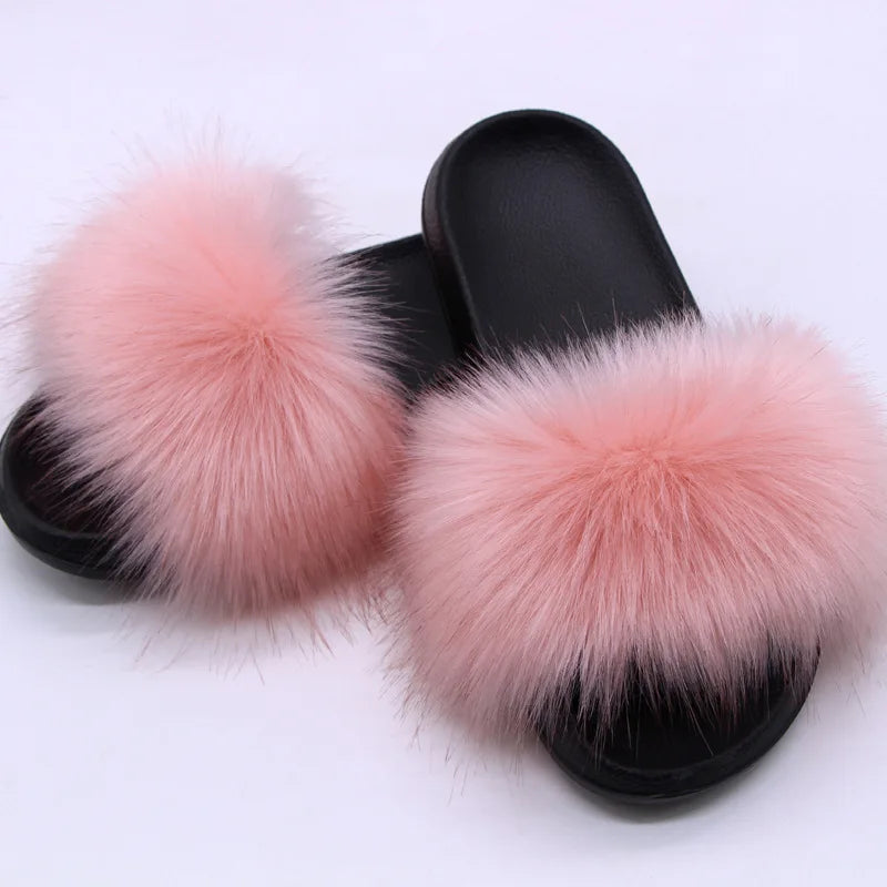 Women's  Faux Fox Fur Slides Fluffy Open Toe Slippers Indoor Outdoor Casual Flat Sandals Luxury Furry Slide Shoes for Ladies