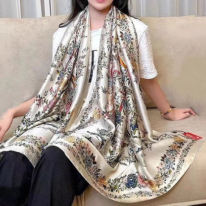 Designer Almond Blossoms Printed Silk Scarf Women Luxury Sun Protection Shawl Ladies Summer Beach Pareo Sarong Travel Wrap 180cm