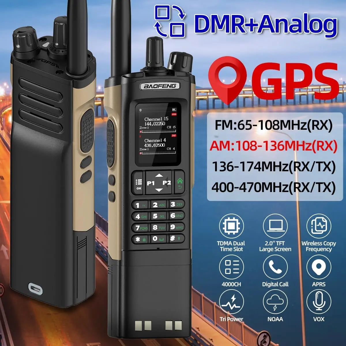 Baofeng DM-32 GPS DMR Radio AES256 Encryption Dual Band UHF VHF Air Band FM AM GMRS Digital Walkie Talkie For Outdoor Camping