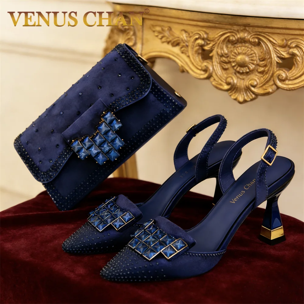 Mineral Blue Rhinestone High Heel Shoes & Matching Bag Fashionable Pointed-Toe Footwear for Women - Perfect for Parties