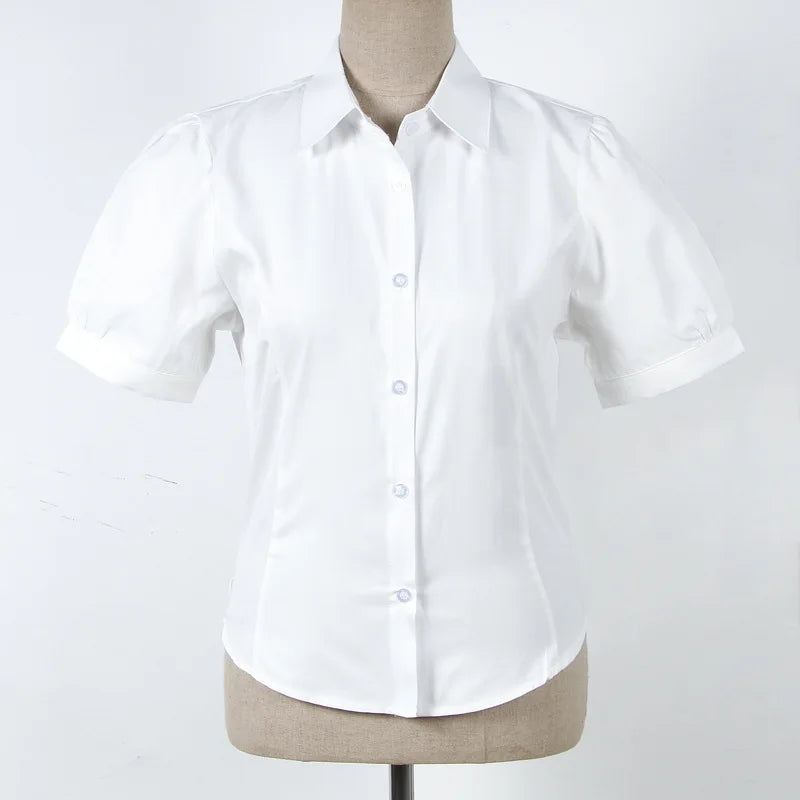 Summer Girls College Style Uniform Suit White Puff-Sleeve Shirt with Bow Slim Waist Skirt Set Women's Short-Sleeve Top And Skirt