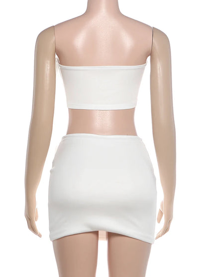 Cutenew Simple 2 Piece Set Women Metal Buckle Sexy Crop Tank Top+Mini Peach Hip Skirts Hottie Midnight Street Party Suits