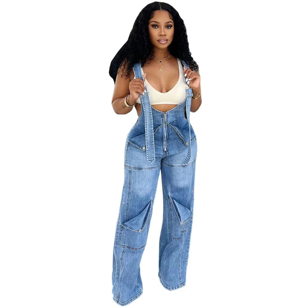Jumpsuit Women Suspenders Overalls Zipper Denim One Piece Mom Jeans Wide Leg Long Pants High Waist Rompers Y2k Streetwear Summer