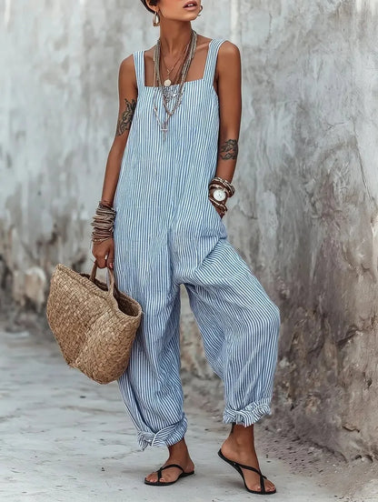 Women Print Striped Jumpsuits Sleeveless Square Neck Spliced Pocket Wide Leg Pants Casual One Piece Rompers Tank Summer 2026