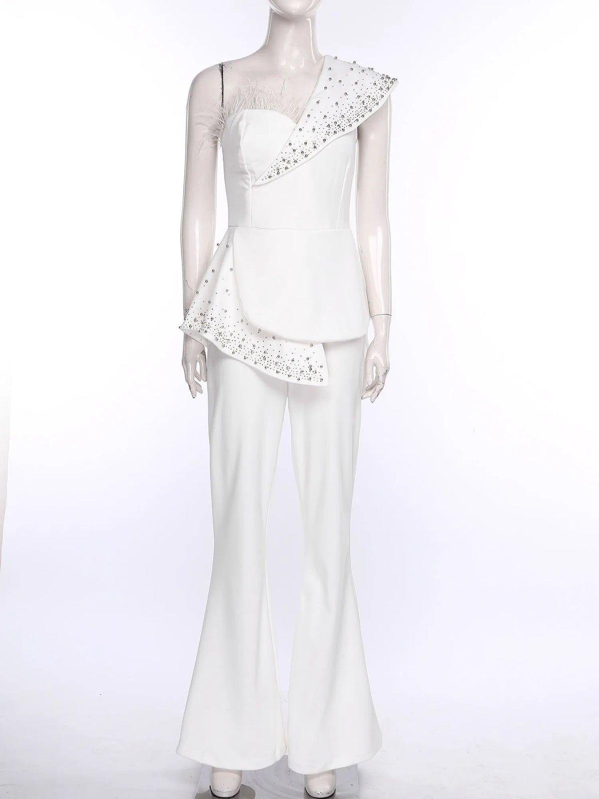 Womens Elegant Wedding Party Jumpsuit Shiny Beads One Shoulder High Waist Rompers Club Evening Banquet Birthday Formal Bodysuit