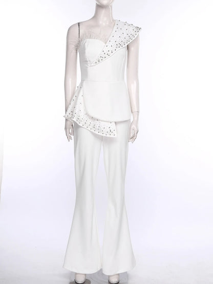 Womens Elegant Wedding Party Jumpsuit Shiny Beads One Shoulder High Waist Rompers Club Evening Banquet Birthday Formal Bodysuit