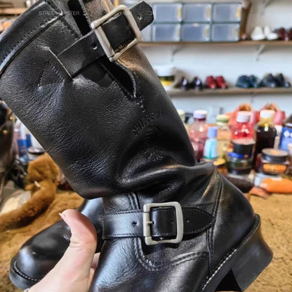 Men's Retro Motorcycle Boots Black Real Leather Knight Cargo Boots Trendy Round Toe Shoes botas para moto motorcycle boots