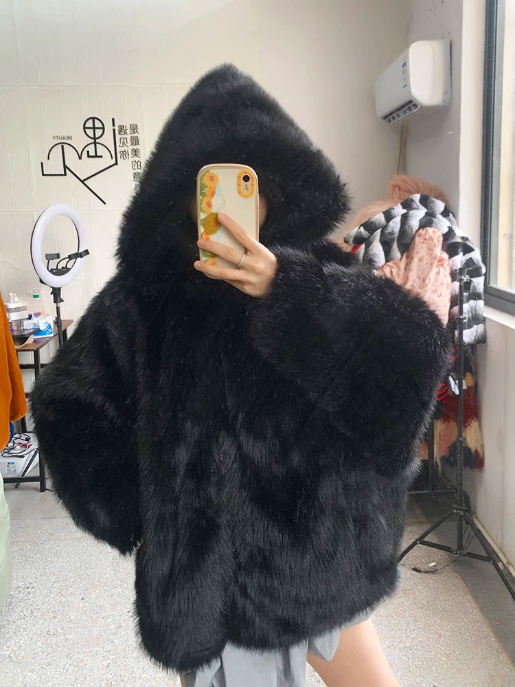 Nerazzurri Autumn Winter Oversized White Black Warm Shaggy Hairy Faux Fur Coat Women with Hood Loose Casual Fluffy Jacket 2023