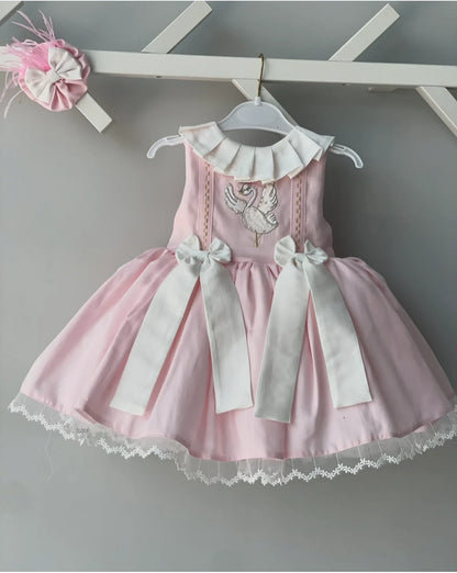 0-12Y Baby Girl Summer Goose Embroidery Pink Vintage Princess Ball Gown Dress for Party Eid Birthday Photography Casual  B96