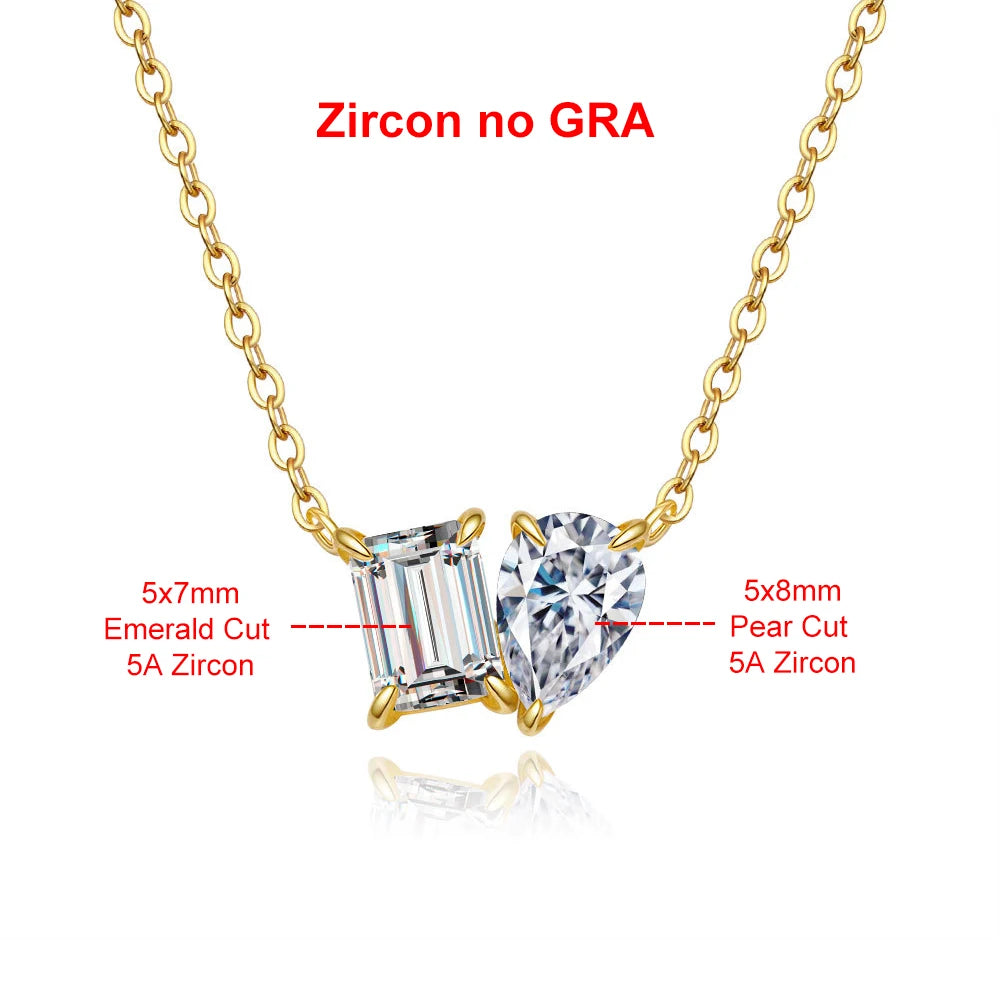 2CTTW Pear and Emerald Cut Moissanite Pendant Necklace Toi Et Moi 2 Stone Lab Diamond Necklace for Women S925 Silver 18K Jewelry