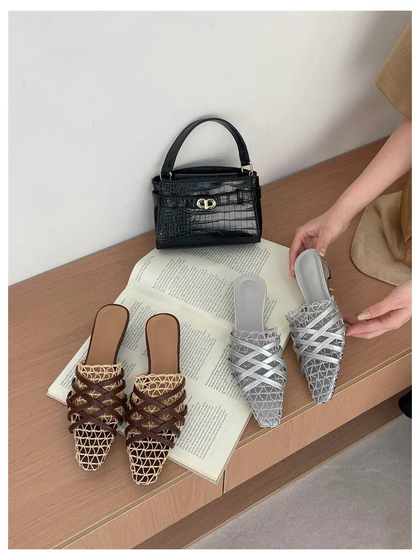 2026 Summer Luxury Fashion Designer Slippers Women Lace Mesh Square Toe Slip On Mule Slippers Low Heel Sandal Casual Shoes Muje