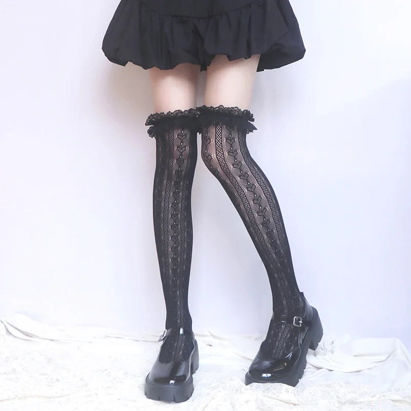 Socks Women Thigh High Lace Cute Lolita Style Warm Stockings Black White Over The Knee Long Leg Socks for Girl Boot Accessories