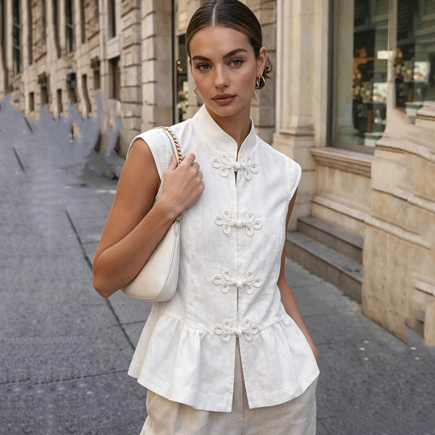 Linad Summer Chinese Style White Single Breasted Vest Woman Vintage Slim Stand Collar Tops 2026 Street Chic Sleeveless Tank Top