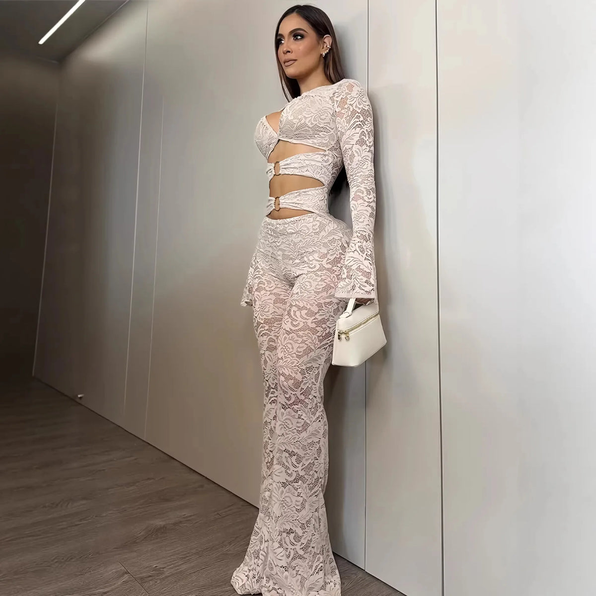 Sexy Deep V Ring Buckle Strap Flared Sleeve Bodycon Jumpsuits for Party Evening Dress