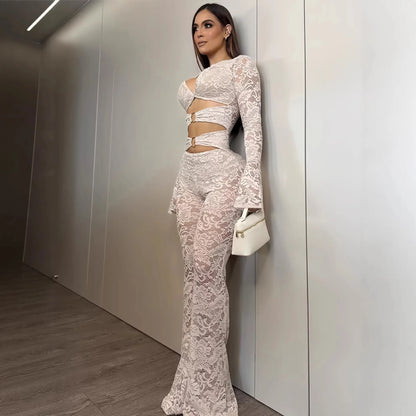 Sexy Deep V Ring Buckle Strap Flared Sleeve Bodycon Jumpsuits for Party Evening Dress