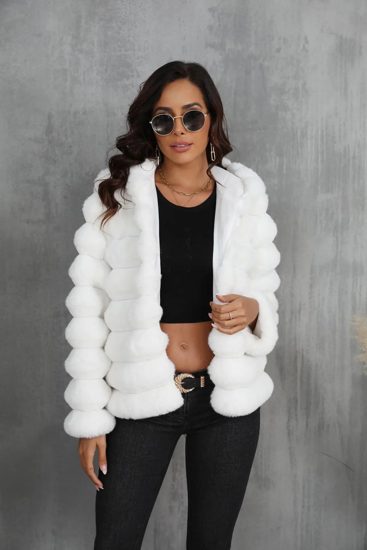2026 Winter Hooded Plus Size Faux Fur Cropped Coat Women Furry Long Sleeve Plush Jacket Lady Large Fake Fur Warm Fluffy Cardigan