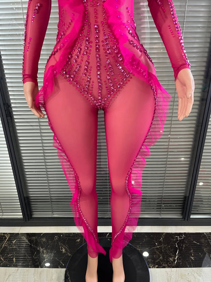 Luxury Rhinestone Mesh Bodysuit Ruffle Frill and Asymmetrical Design Formal Events Photoshoots Stage Performance Party Outfit