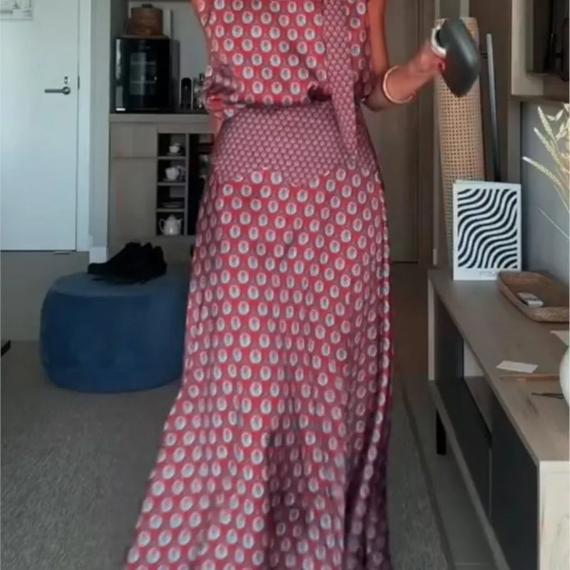 Vintage Printed Slim Office Commuting Suit Casual Loose Top+High Waisted Skirt 2pc Set Elegant Semi High Neck Sleeveless Outfit