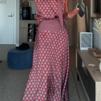 Vintage Printed Slim Office Commuting Suit Casual Loose Top+High Waisted Skirt 2pc Set Elegant Semi High Neck Sleeveless Outfit