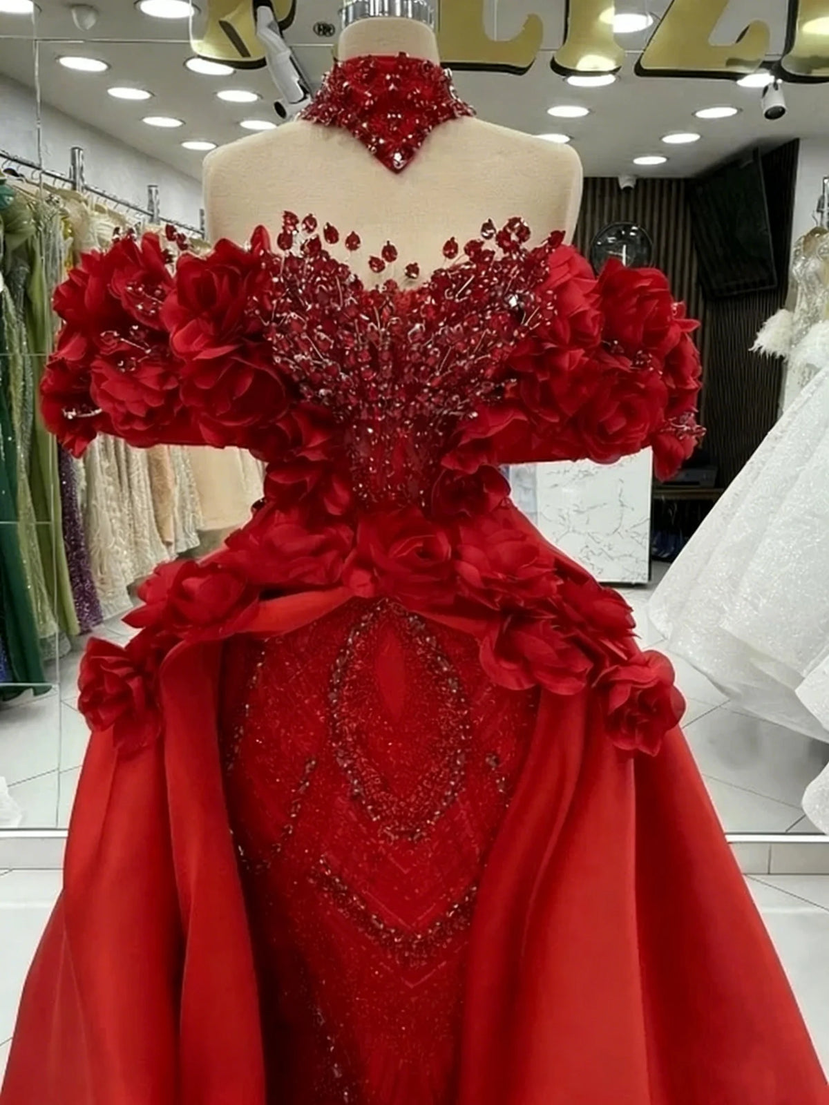 Gorgeous Red Prom Dress With Overskirt Hand Made Flowers Beads Party Gowns Celebrity Evening  Dresses Robe de Customized