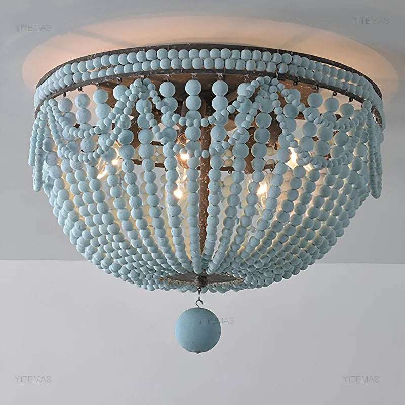 Blue Grey Wooden Beads 8 Lights Chandeliers For Foyers Vintage White Chandelier Lighting Bedroom Living Room Boho Pendant Light