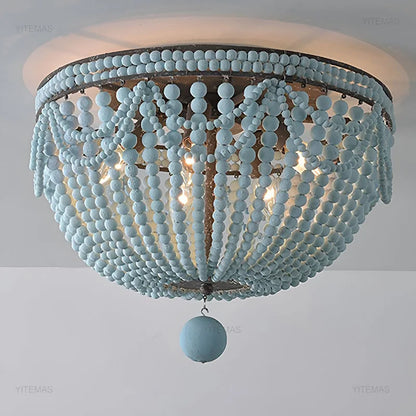 Blue Grey Wooden Beads 8 Lights Chandeliers For Foyers Vintage White Chandelier Lighting Bedroom Living Room Boho Pendant Light