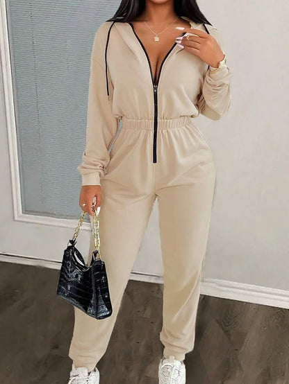 2024 Autumn And Winter New Women's Fashion Solid Color Drawstring Zipper Hooded Jumpsuit Casual Matching