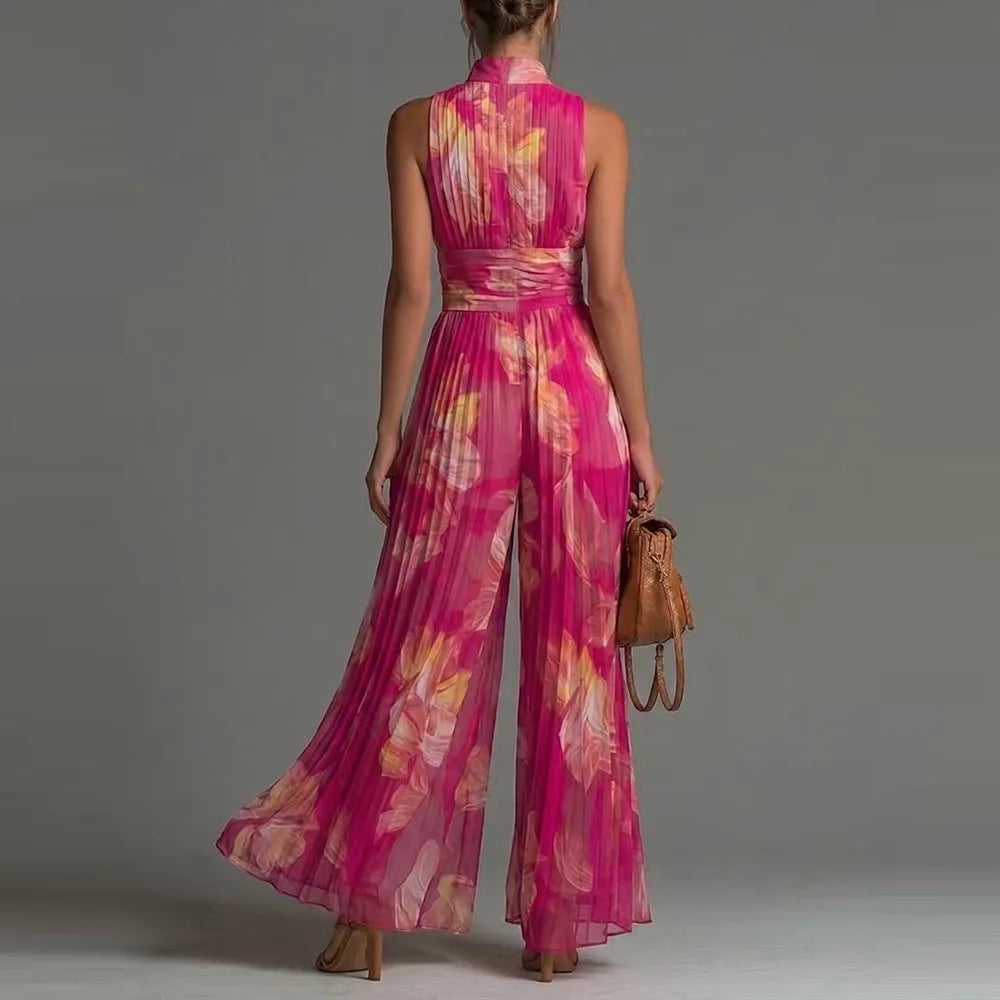 Sexy Deep V Neck Hollow Zip Jumpsuit Women's Spring Solid High Waist Wide Leg Romper Summer Sleeveless Pleated Vacation Overalls