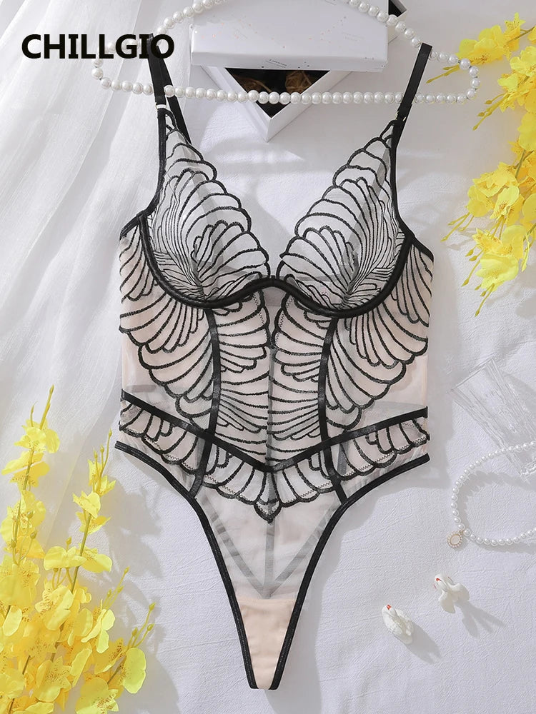 CHILLGIO Women Sexy Transparent Strappy Rompers Lingerie Lace Onesie Deep V Catsuits Ins Bodycon One Piece Combination Bodysuits