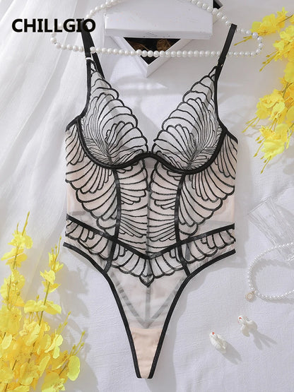 CHILLGIO Women Sexy Transparent Strappy Rompers Lingerie Lace Onesie Deep V Catsuits Ins Bodycon One Piece Combination Bodysuits