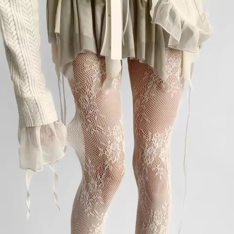 Korean INS Hollowed Lace Mesh Stockings Women Pantyhose Hot Tights Japanese Lolita Retro Floral Rattan Black White Long Socks