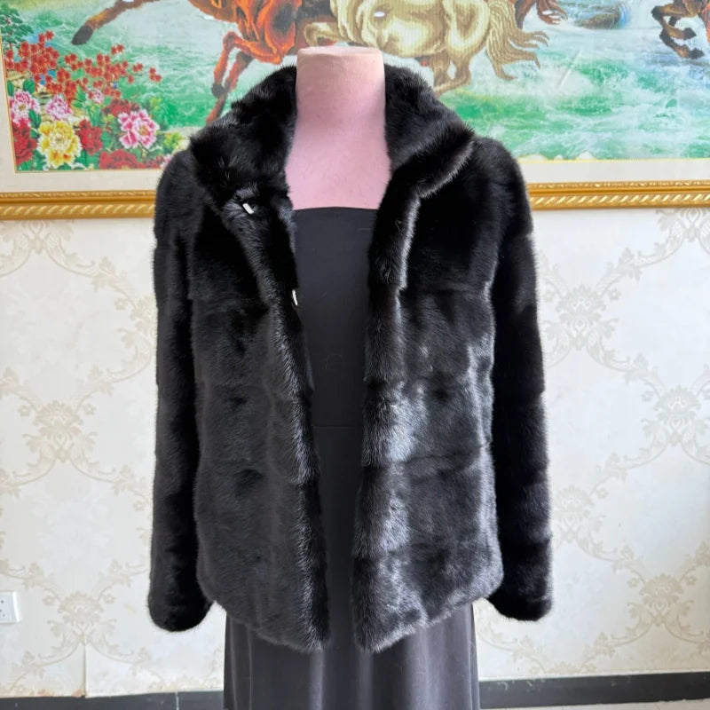 Black Horizontal Lapel Ladies' High-End Mink Fur Coat, Handcrafted
