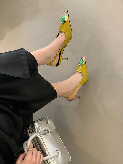 Liyke Fashion Design Inlay Gems Pointed Toe Patent Leather Sexy Slingback Sandals Women Pumps High Heels Wedding Banquet Shoes