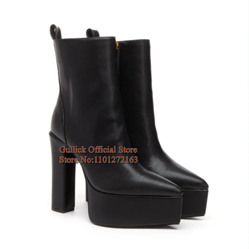 Sexy Pointed Toe Platform Chunky Heels Women Ankle Boots Black Matte Leather Side Zipper Block Heels  Short Booties