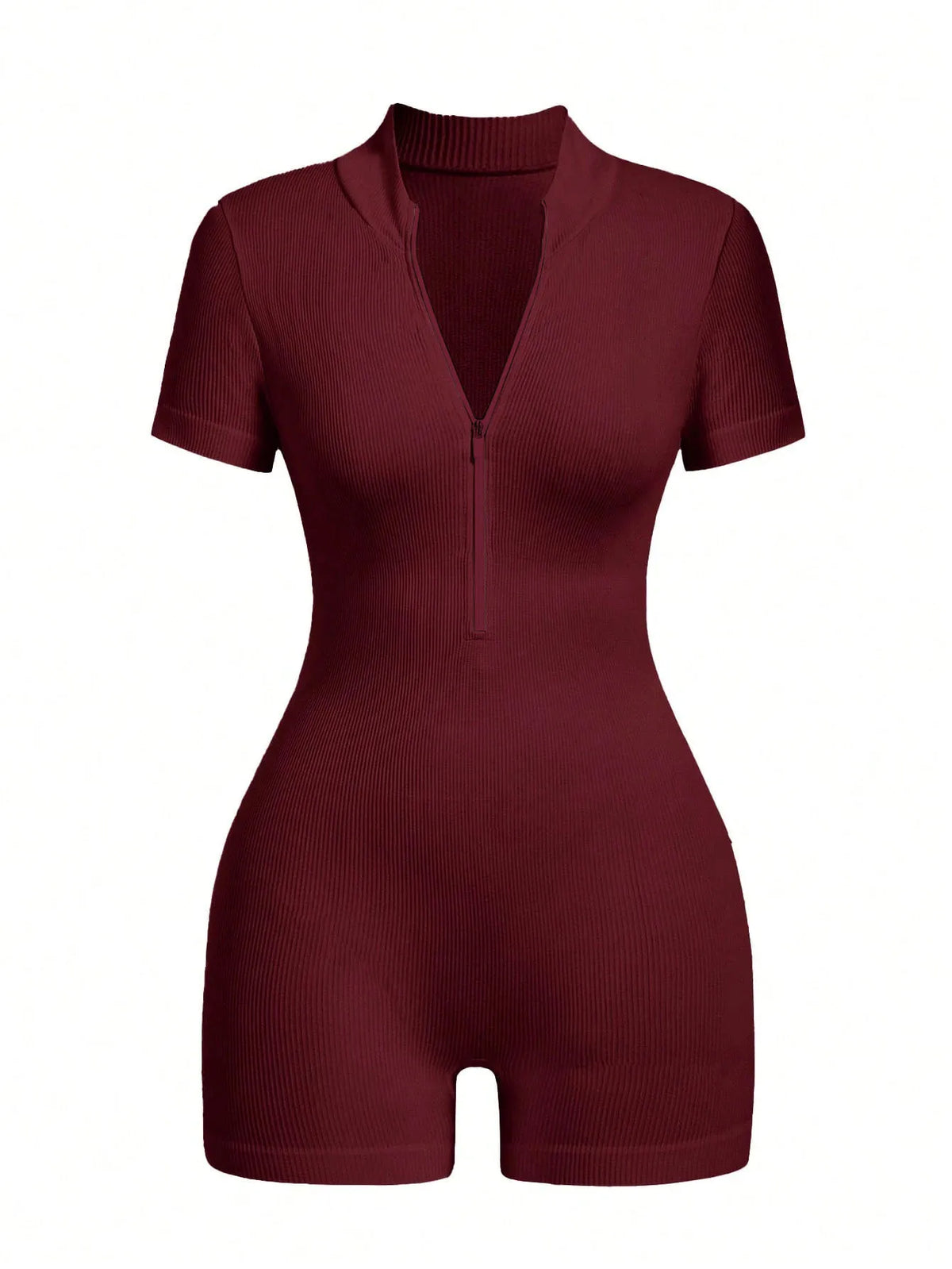 Women's Solid Color Half Zip Ribbed Knit Short Sleeve Romper Sports Soft Slim Fit Mock Neck Jumpsuit Streetwear 2025 Summer