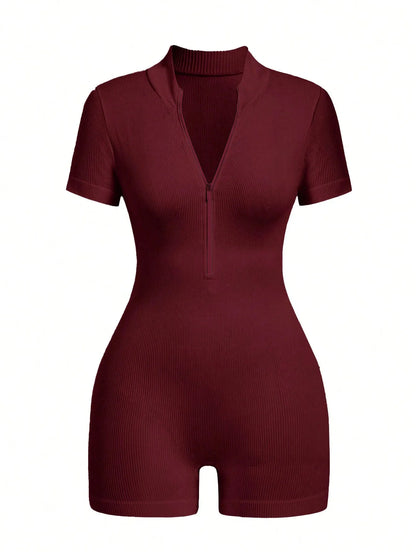 Women's Solid Color Half Zip Ribbed Knit Short Sleeve Romper Sports Soft Slim Fit Mock Neck Jumpsuit Streetwear 2025 Summer