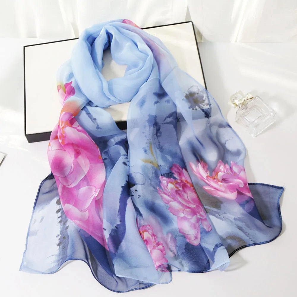 Ink Painting Lotus Summer Beach Sun Protection Chiffon Georgette Scarf Women Foulard Shawl Bandana Elegant Thin Breathable