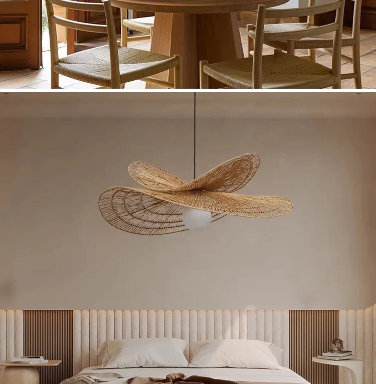Wabi-Sabi Style Pendant Lights For Bedroom Living Room  Rattan Hand-Woven Lamp Restaurant Home Decor Chandeliers G80 Bulb