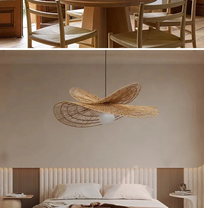 Wabi-Sabi Style Pendant Lights For Bedroom Living Room  Rattan Hand-Woven Lamp Restaurant Home Decor Chandeliers G80 Bulb